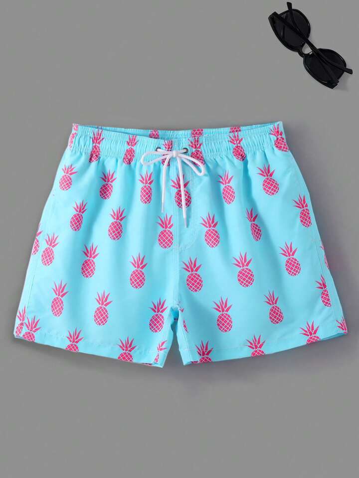 Beach Shorts With Plant Print, Drawstring Waist And Pockets