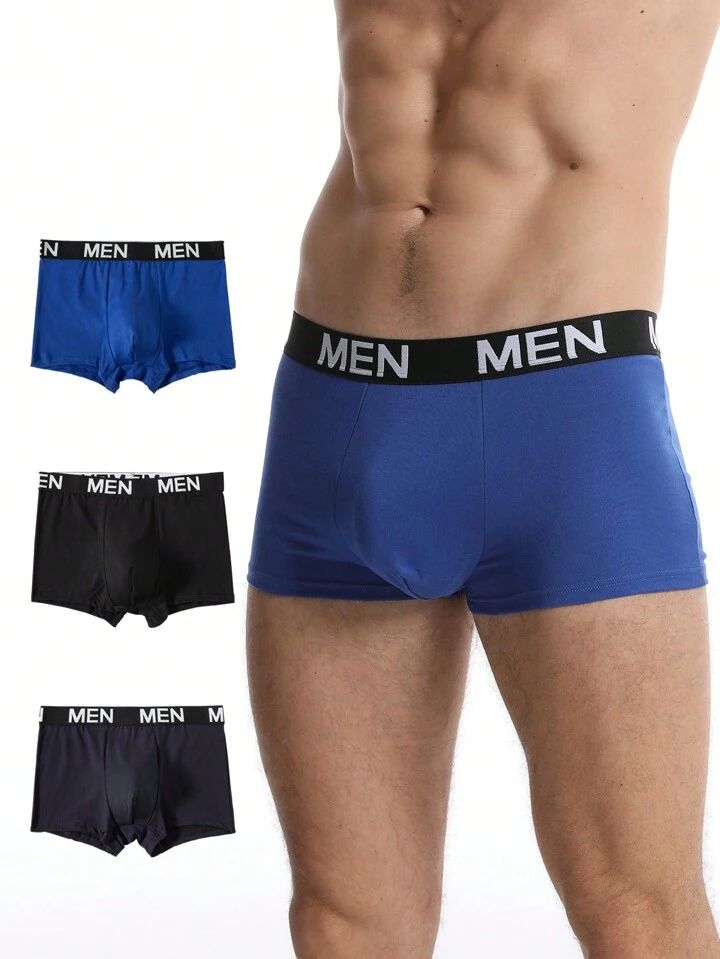 3pcs/Set Men's Boxer Shorts With Letter Decoration, Right Angle Cut