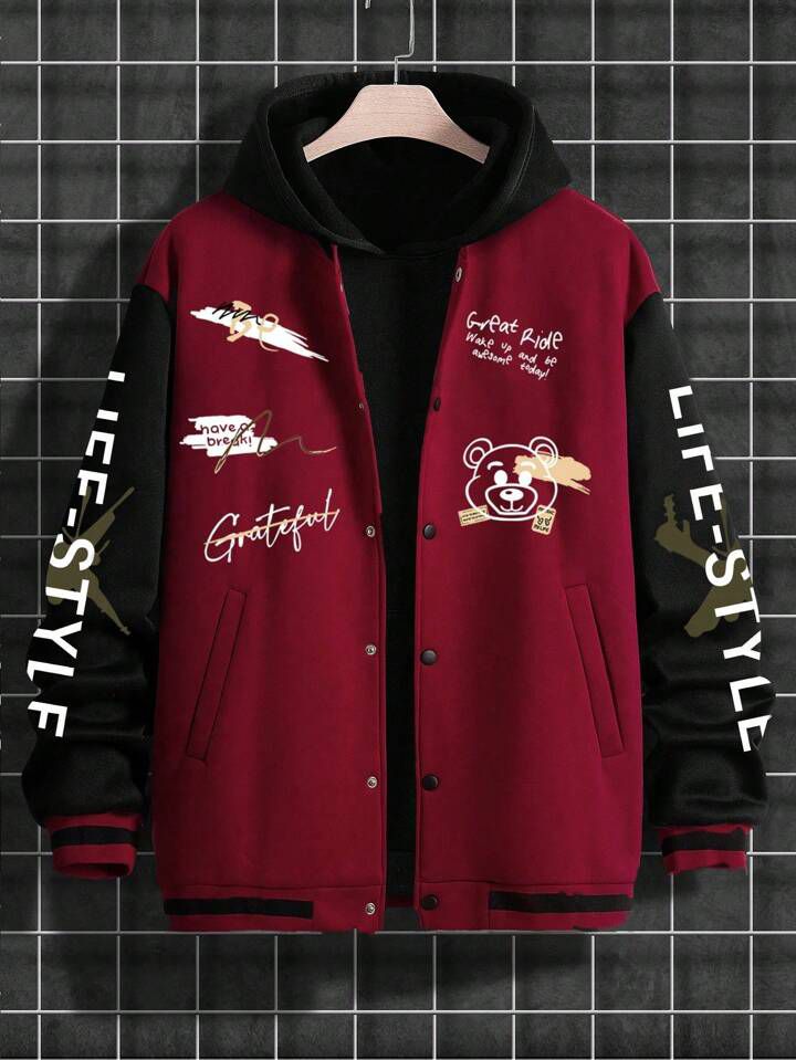 Men's Letter Printed Color Block Overized Varsity Jacket Without Hoodie
