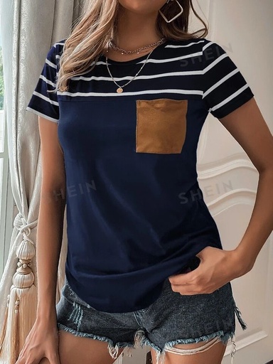 LUNE Striped Print Pocket Patched Tee