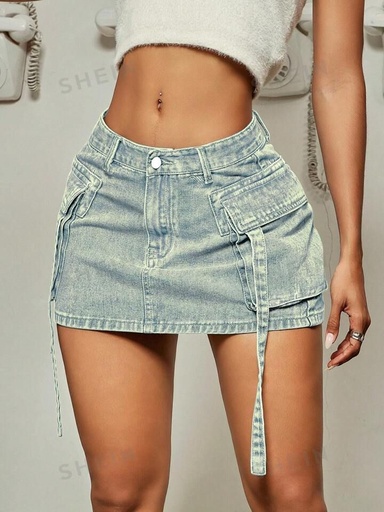 Y2K Street Vintage Flap Pocket Tape Detail Cargo Mini Skirt Summer
            Outdoor Outfit