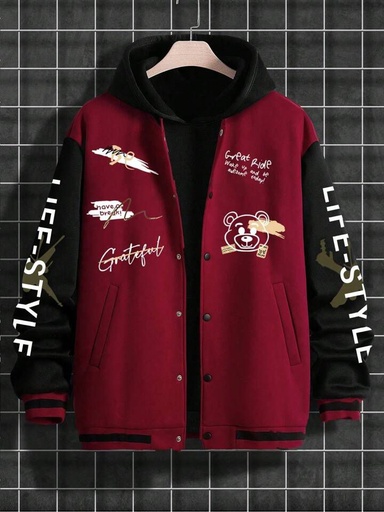 Men's Letter Printed Color Block Overized Varsity Jacket Without Hoodie