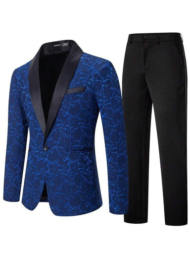 Men's Printed Shawl Collar Suit Jacket And Solid Color Dress Pants Suit
            Set